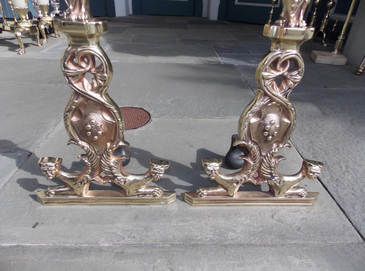 Pair of Italian Bronze Flanking Lion and Griffon Foliage Andirons, Circa 1850 In Excellent Condition For Sale In Hollywood, SC