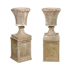 Pair of English Campagna Form Stone Garden Urns on Pedestals, circa 1915