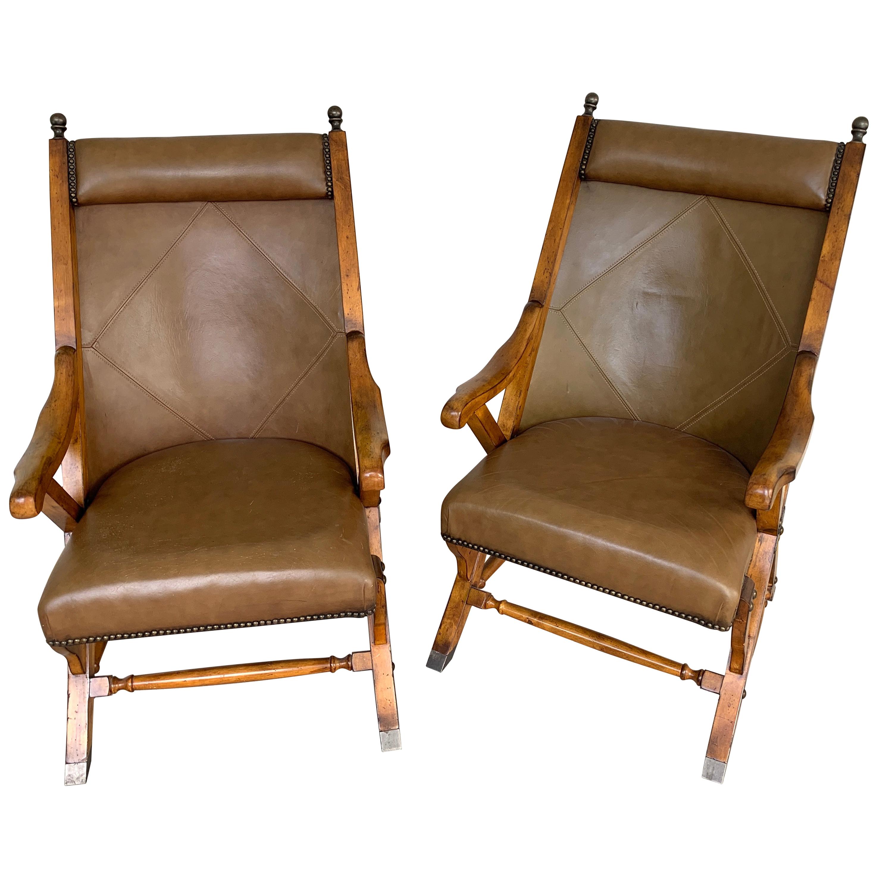 Pair of English Campaign Style Chair Elm and Leather Chairs For Sale