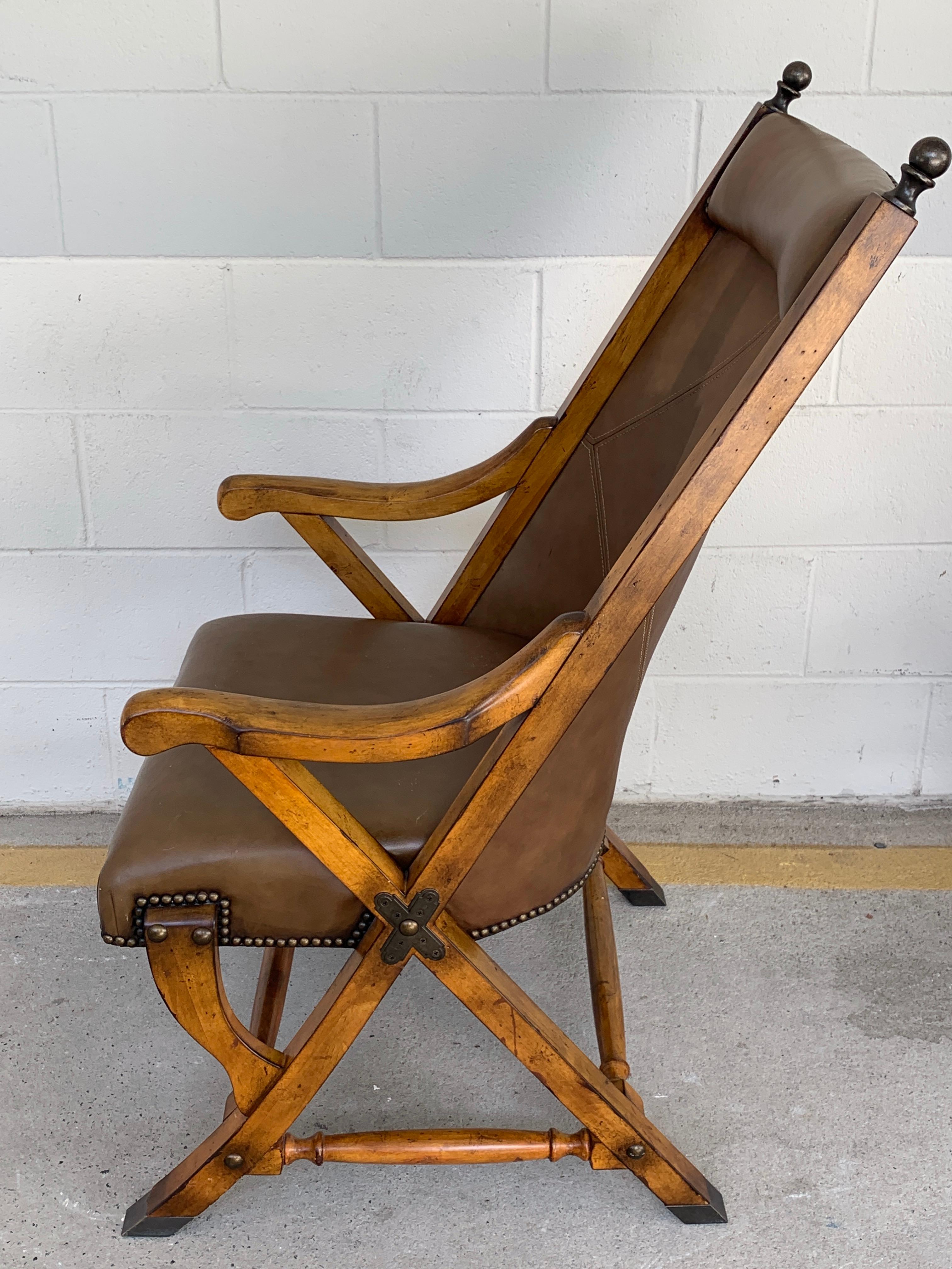 Pair of English Campaign Style Chair Elm and Leather Chairs For Sale 5