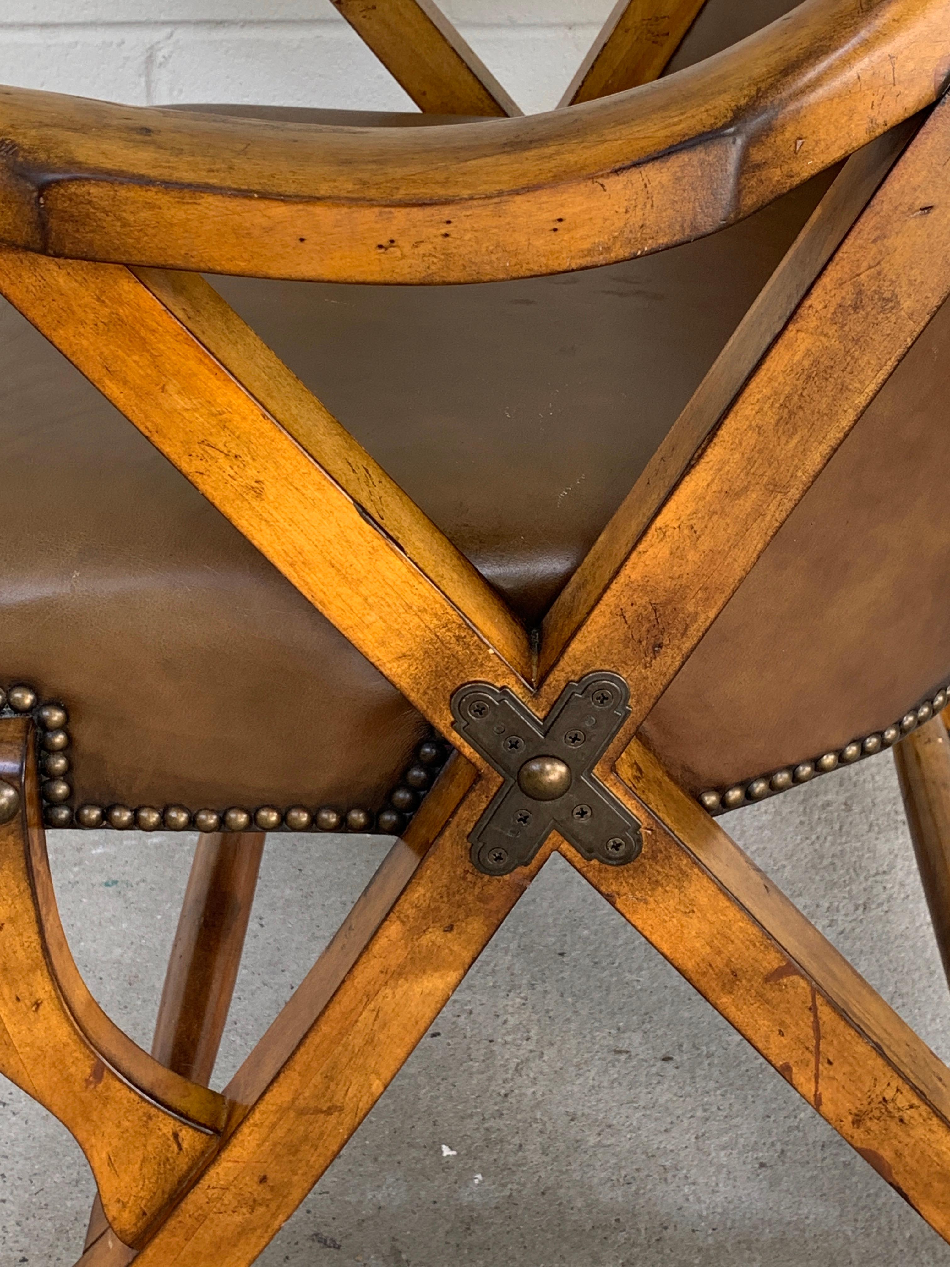 Pair of English Campaign Style Chair Elm and Leather Chairs For Sale 6