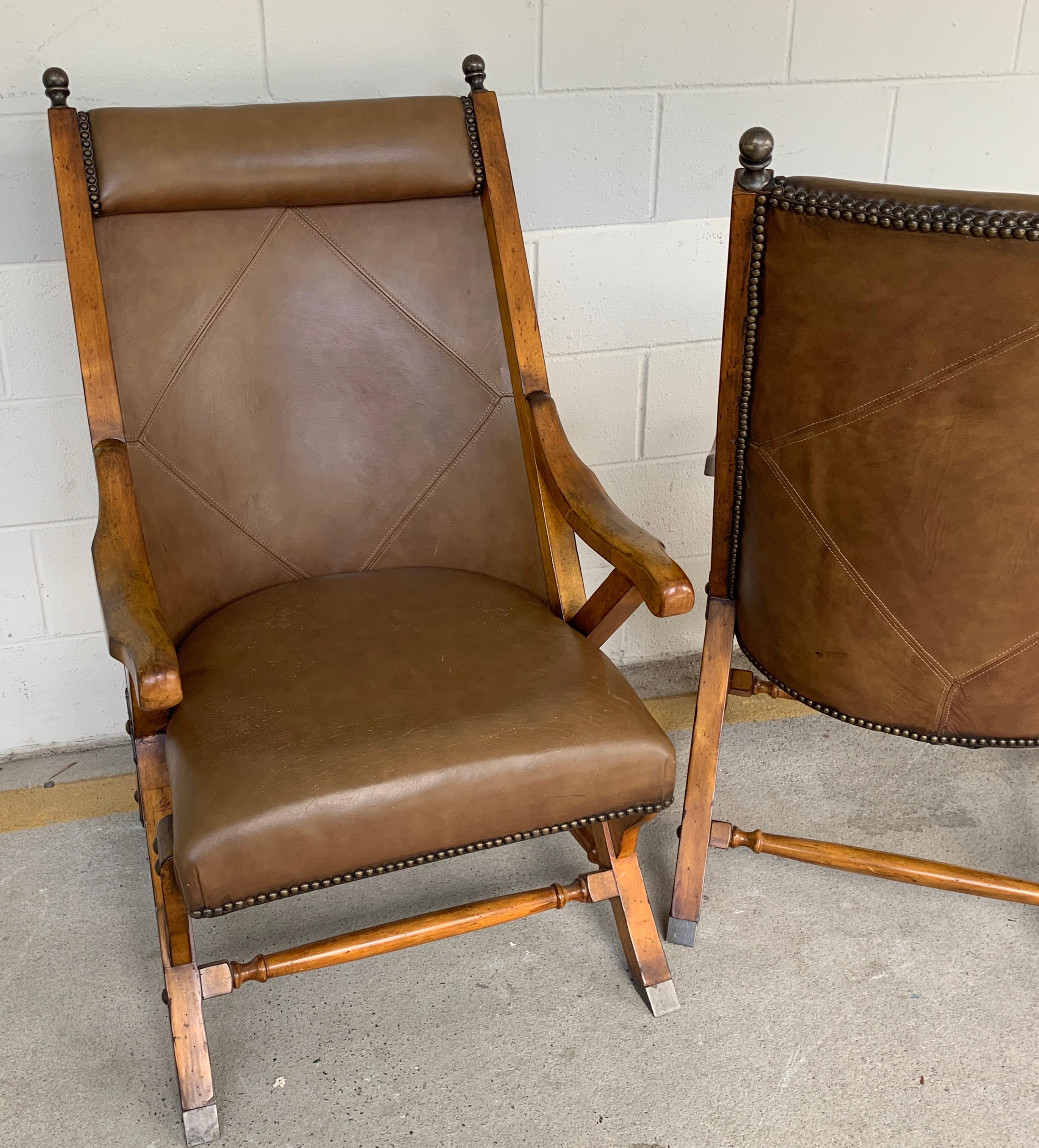 Pair of English Campaign Style Chair Elm and Leather Chairs In Good Condition For Sale In Atlanta, GA