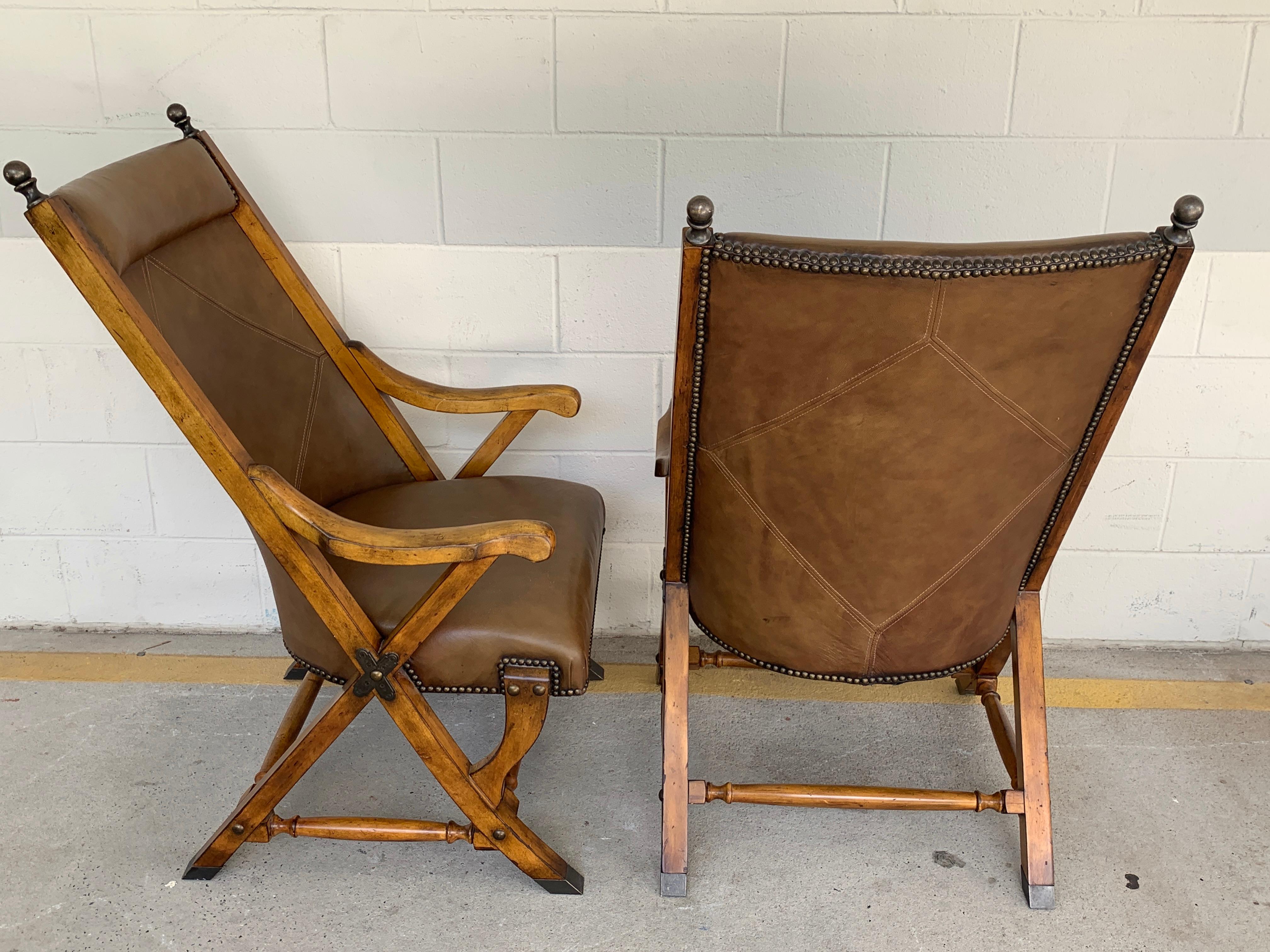 Pair of English Campaign Style Chair Elm and Leather Chairs For Sale 1