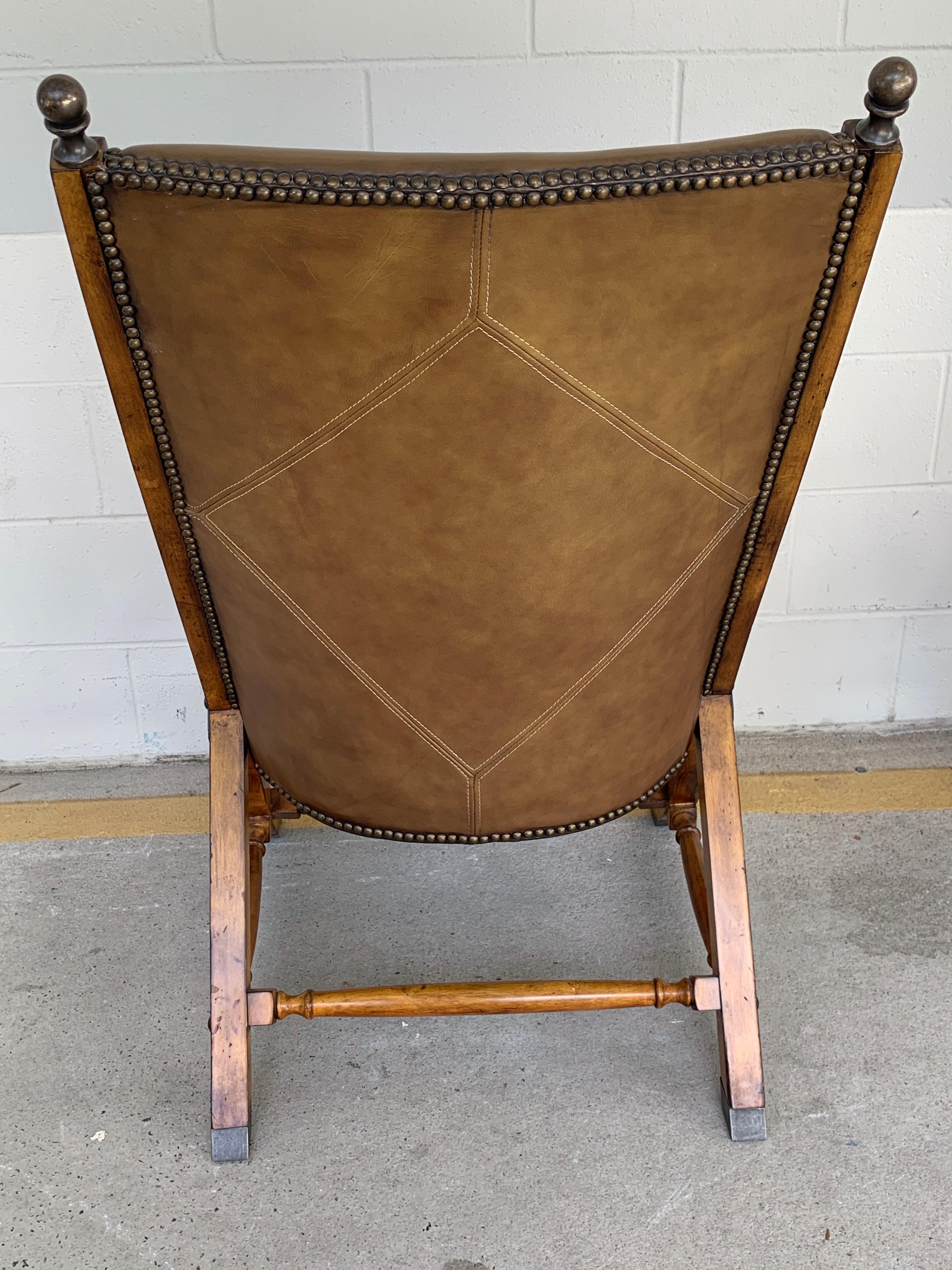Pair of English Campaign Style Chair Elm and Leather Chairs For Sale 2