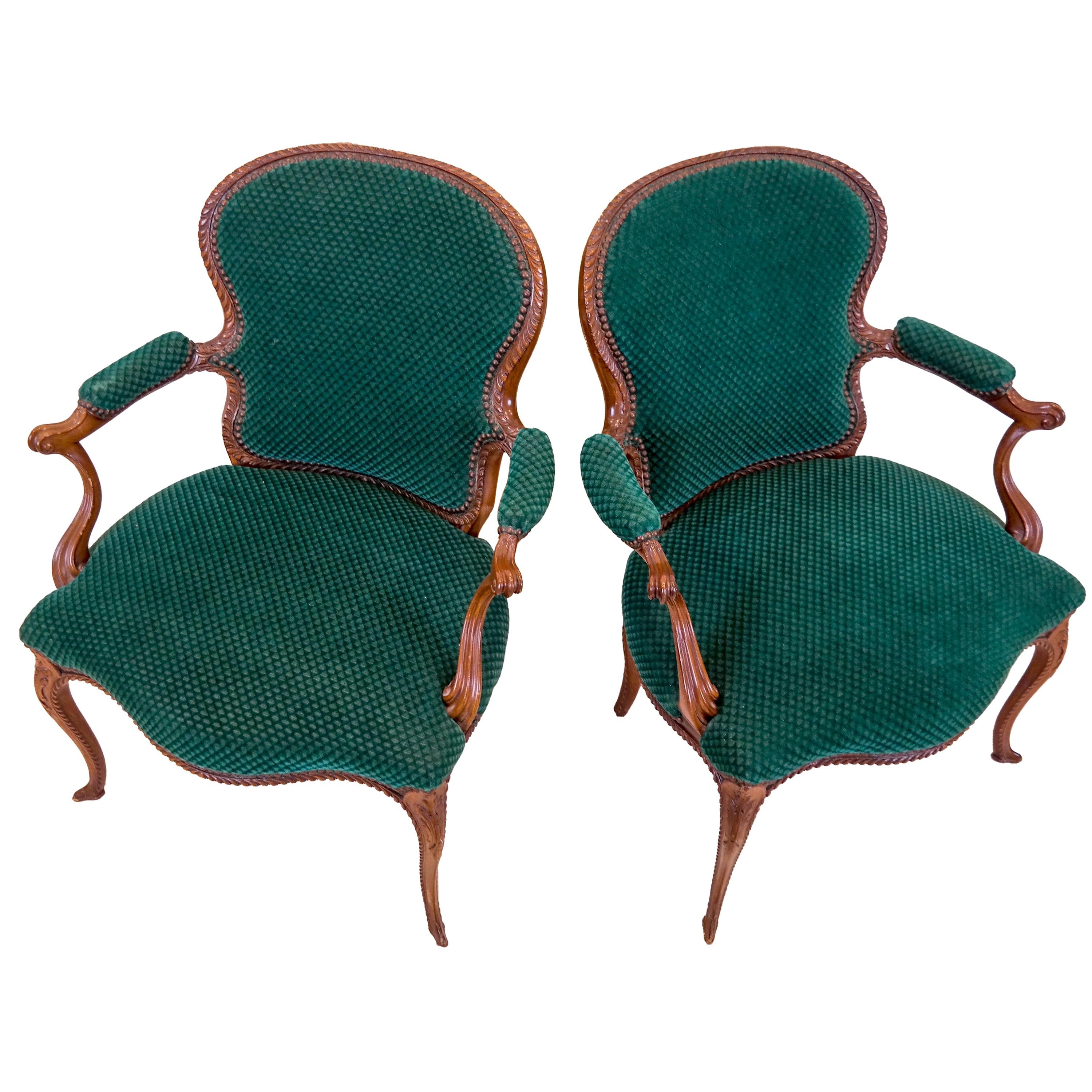 Pair of English Carved Armchairs in Green Velvet