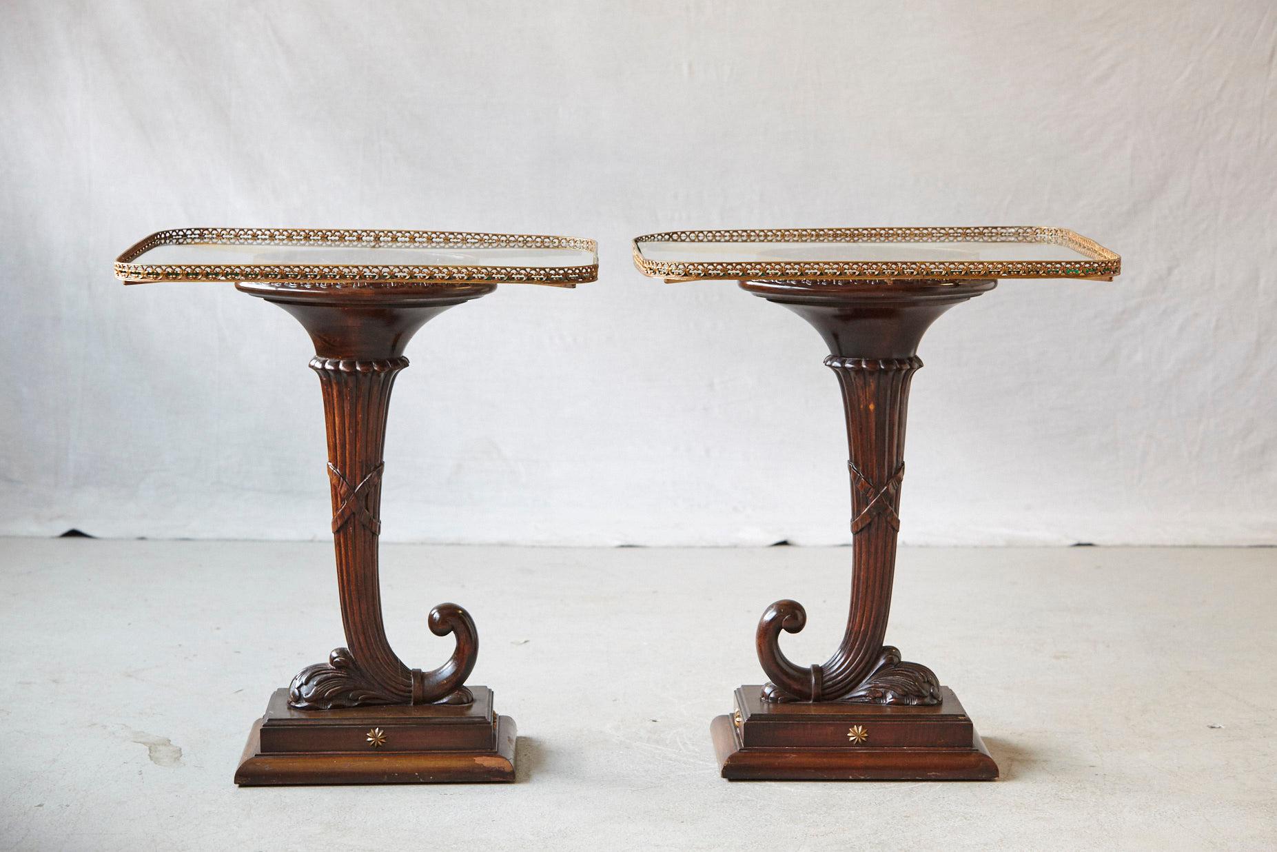 Neoclassical Pair of English Carved Cornucopia Glass Top Side Tables with Brass Galleries