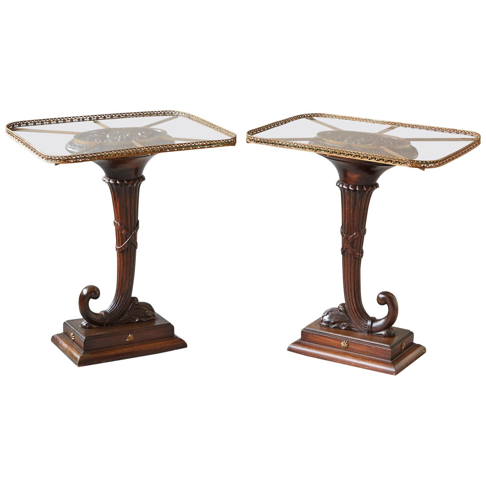 Pair of English Carved Cornucopia Glass Top Side Tables with Brass Galleries