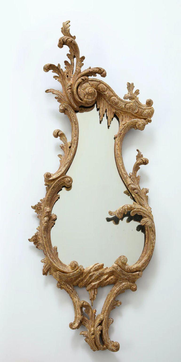 Mid-18th Century Pair of English Carved Rococo Cartouche Shaped Looking Glasses For Sale