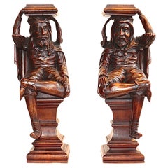 Antique Pair of English Carved Walnut Wood Figures of Court Jesters, 18th Century
