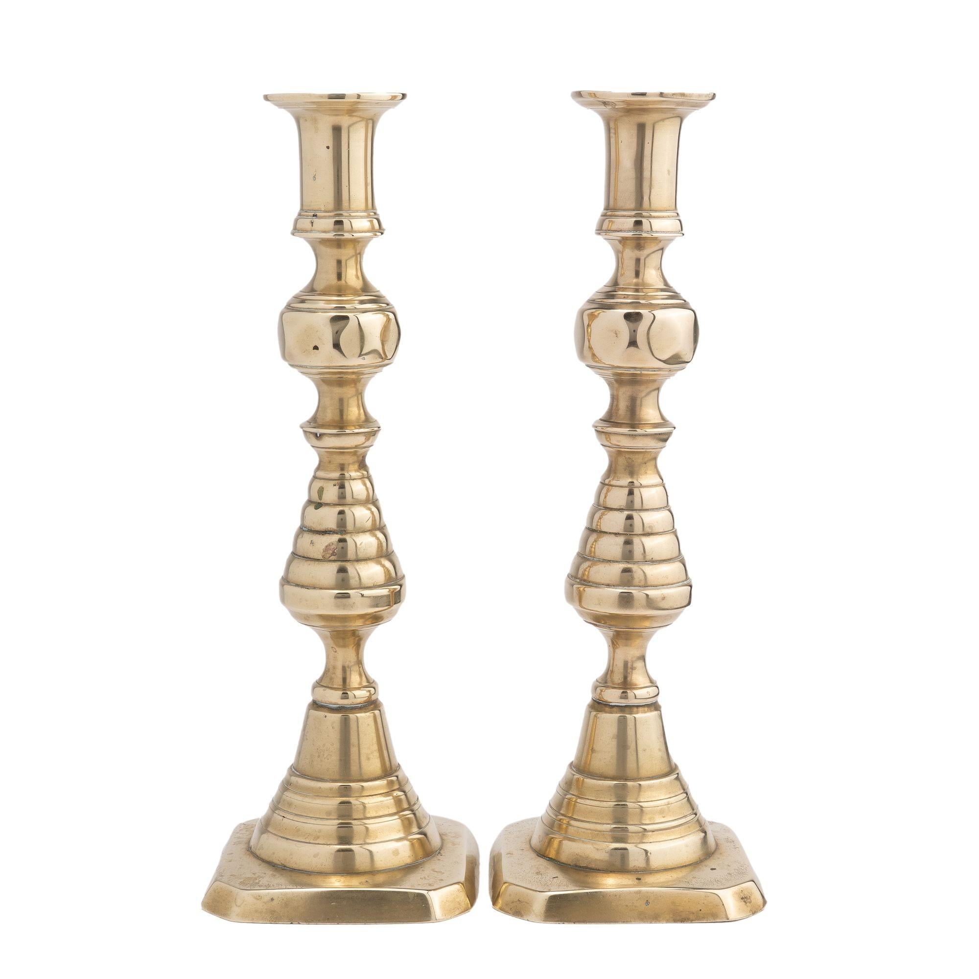 British Pair of English cast brass beehive candlesticks, 1830