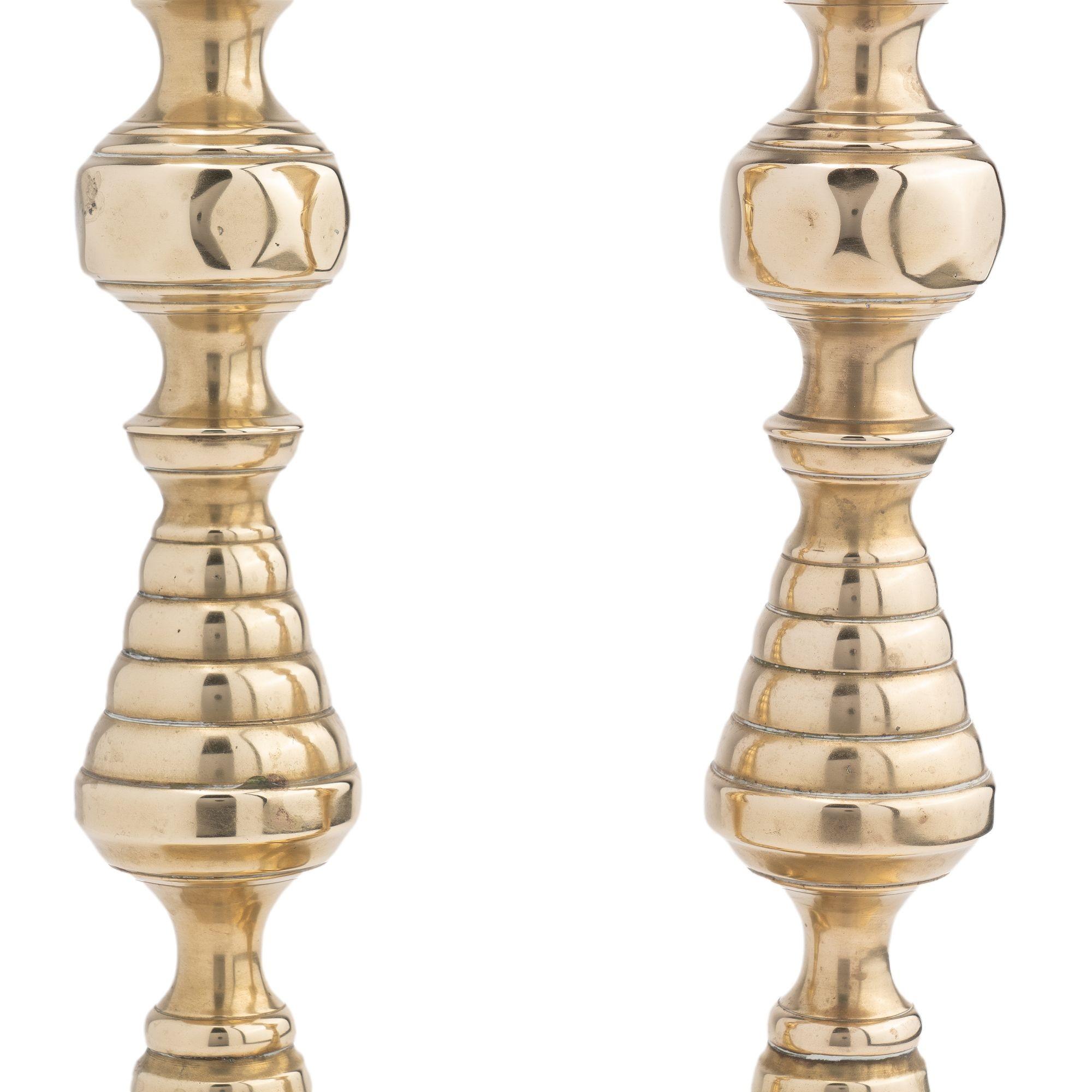 Brass Pair of English cast brass beehive candlesticks, 1830