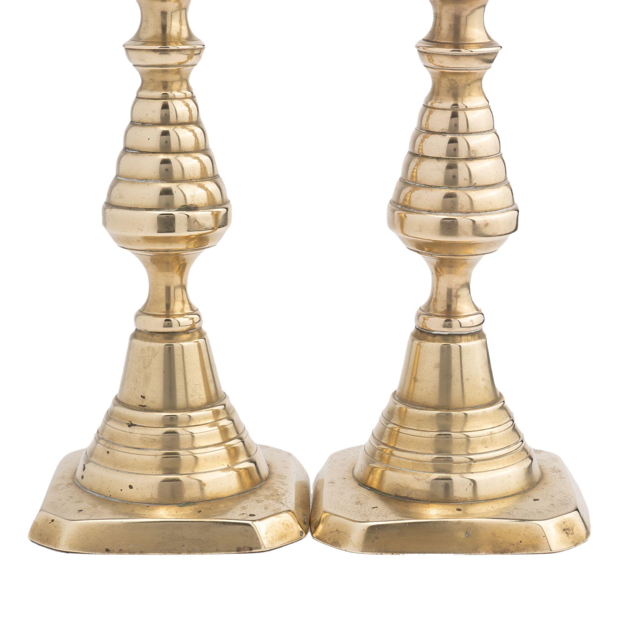 Pair of English cast brass beehive candlesticks, 1830 1