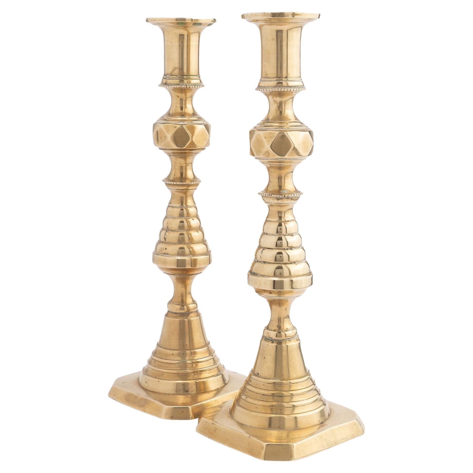 Pair of English Cast Brass Beehive Candlesticks, 1830