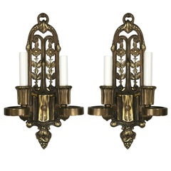 Pair of Antique English Cast Bronze Sconces, Double Arm, 1920s