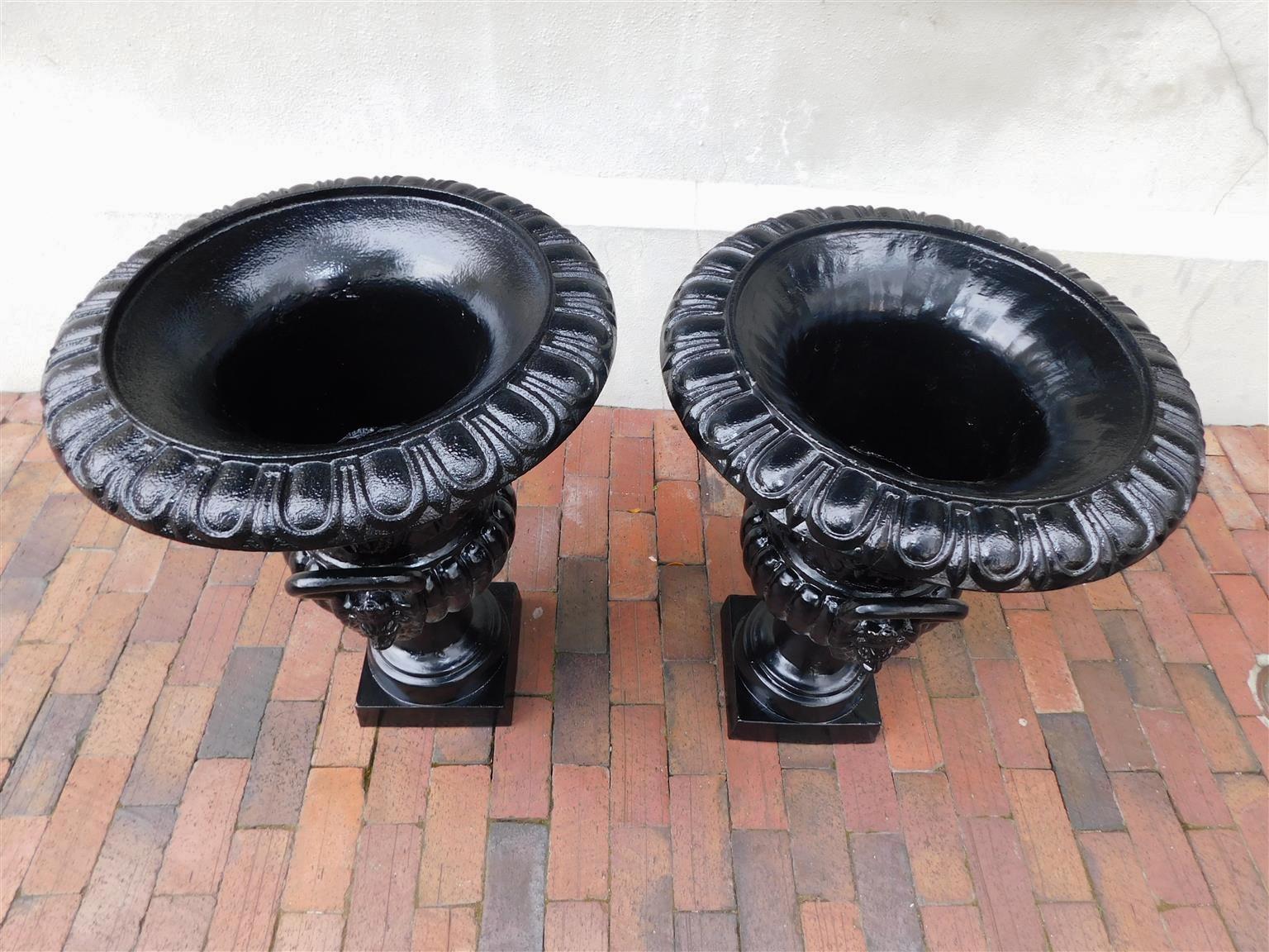 Pair of English Cast Iron and Powered Coated Campana-Form Garden Urns, C. 1850 For Sale 6