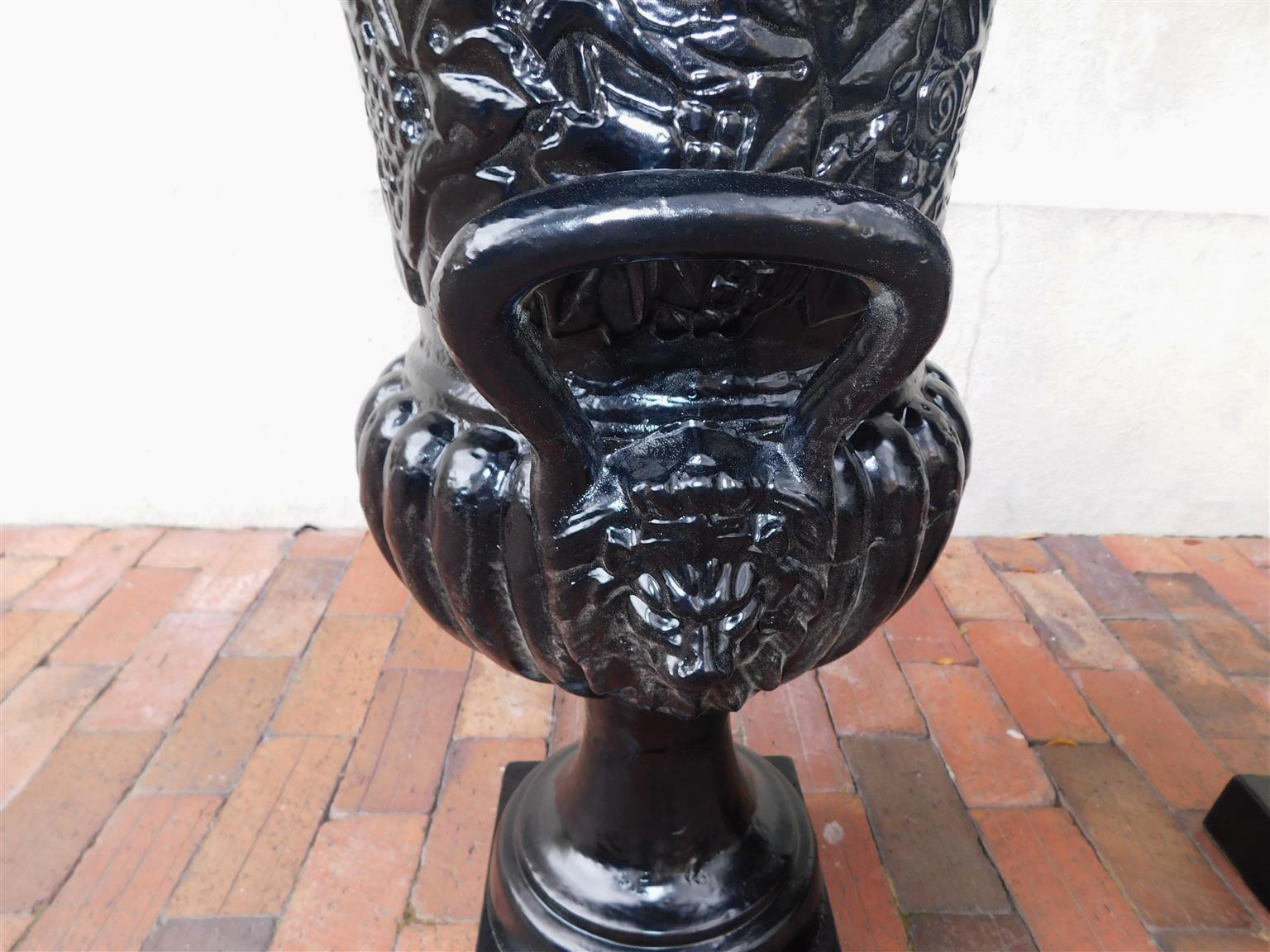 Pair of English Cast Iron and Powered Coated Campana-Form Garden Urns, C. 1850 For Sale 7