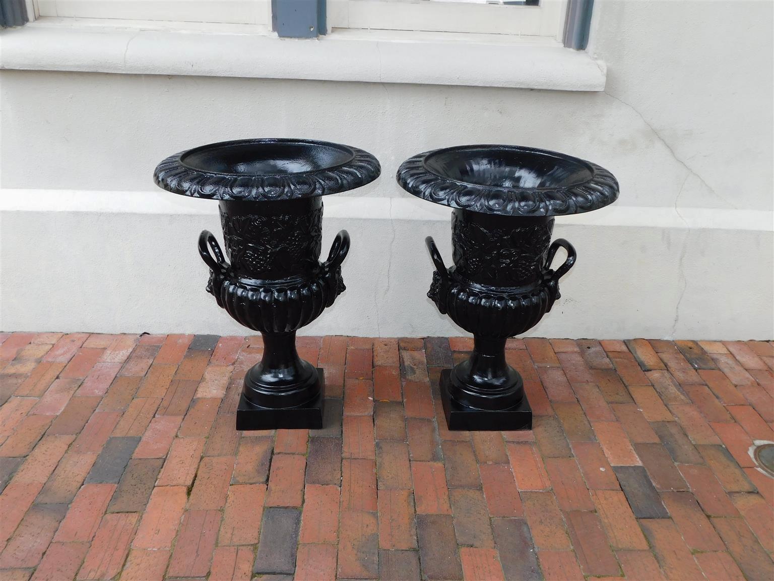 Pair of English cast iron and powered coated campana-form garden urns with an exterior intertwined grape vine frieze, flanking figural lion side handles, and resting on gadrooned circular squared plinths, Mid- 19th century. Pair have been powder