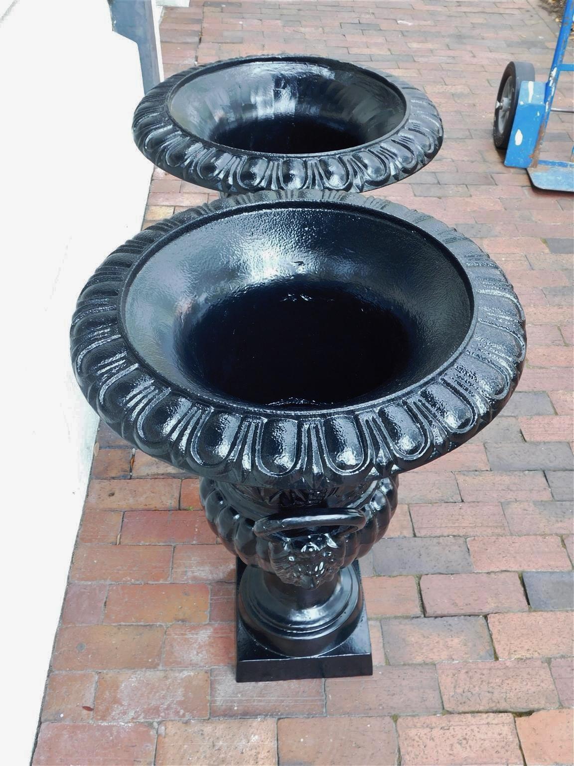Pair of English Cast Iron and Powered Coated Campana-Form Garden Urns, C. 1850 In Excellent Condition For Sale In Hollywood, SC