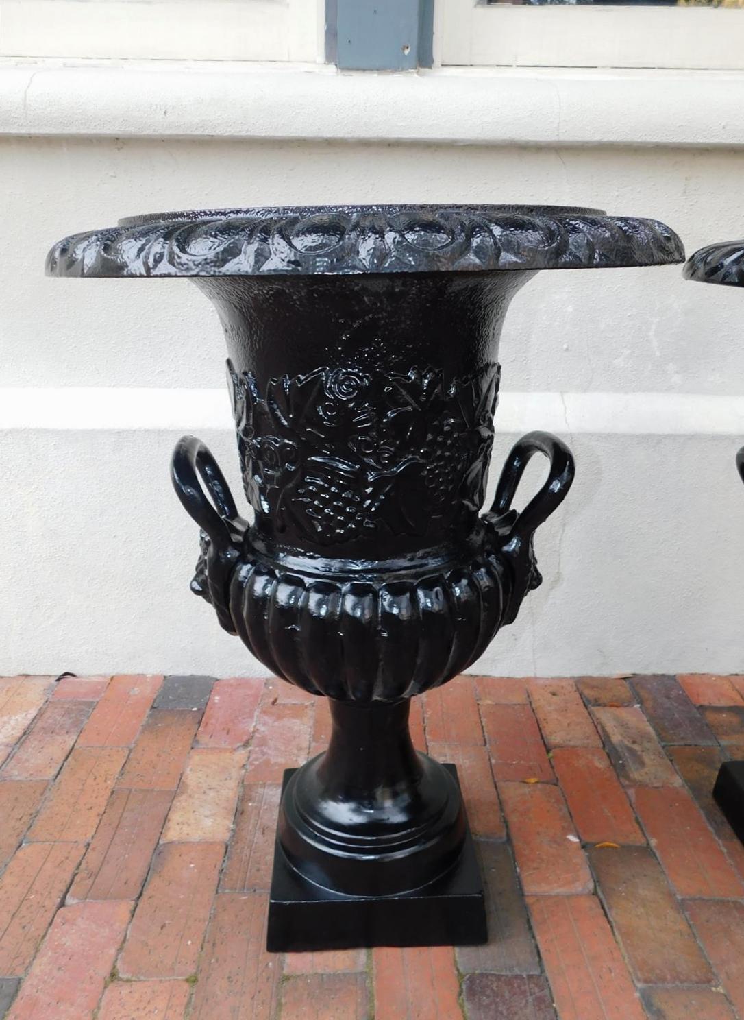 Pair of English Cast Iron and Powered Coated Campana-Form Garden Urns, C. 1850 For Sale 2