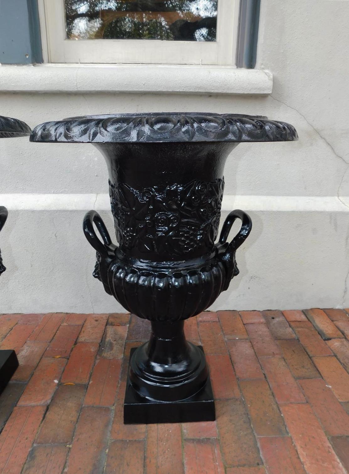 Pair of English Cast Iron and Powered Coated Campana-Form Garden Urns, C. 1850 For Sale 3