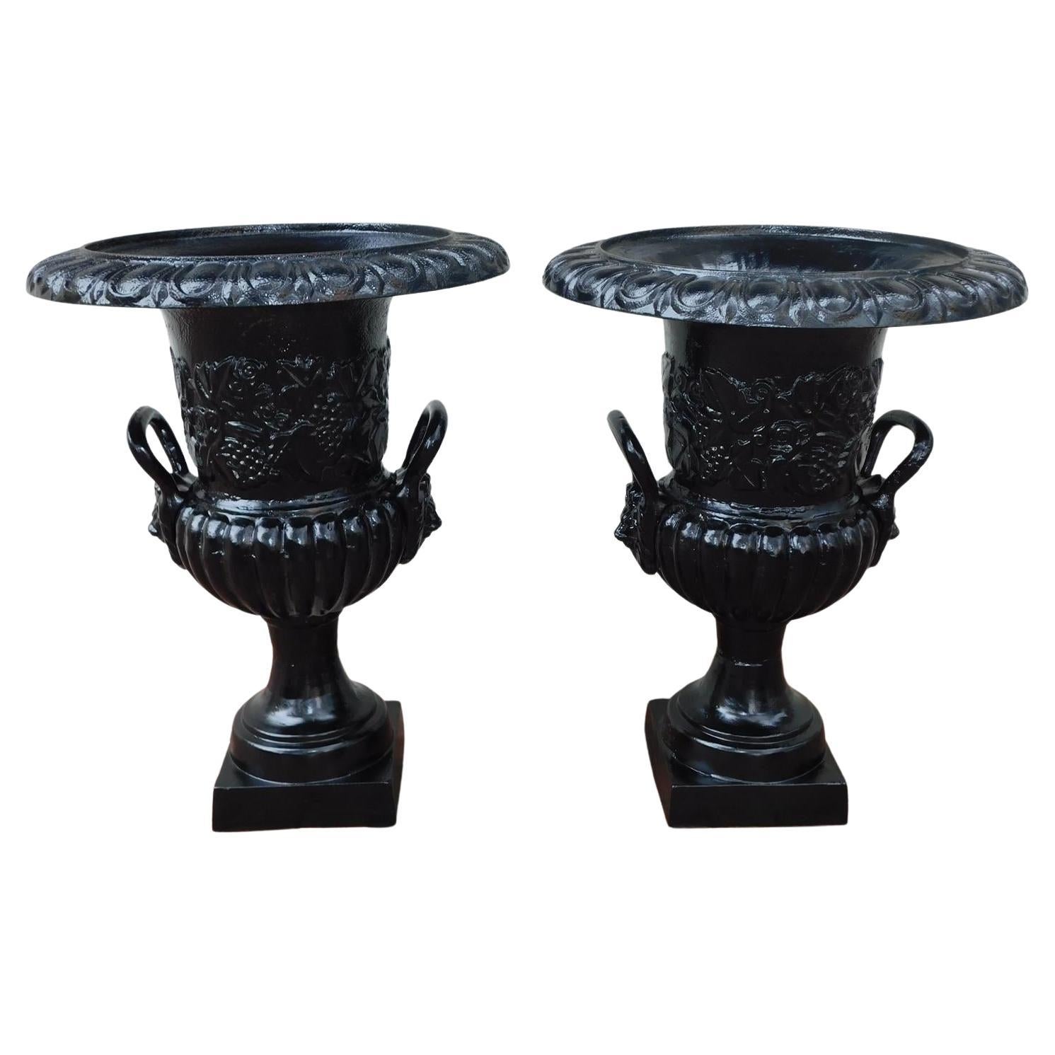 Pair of English Cast Iron and Powered Coated Campana-Form Garden Urns, C. 1850 For Sale