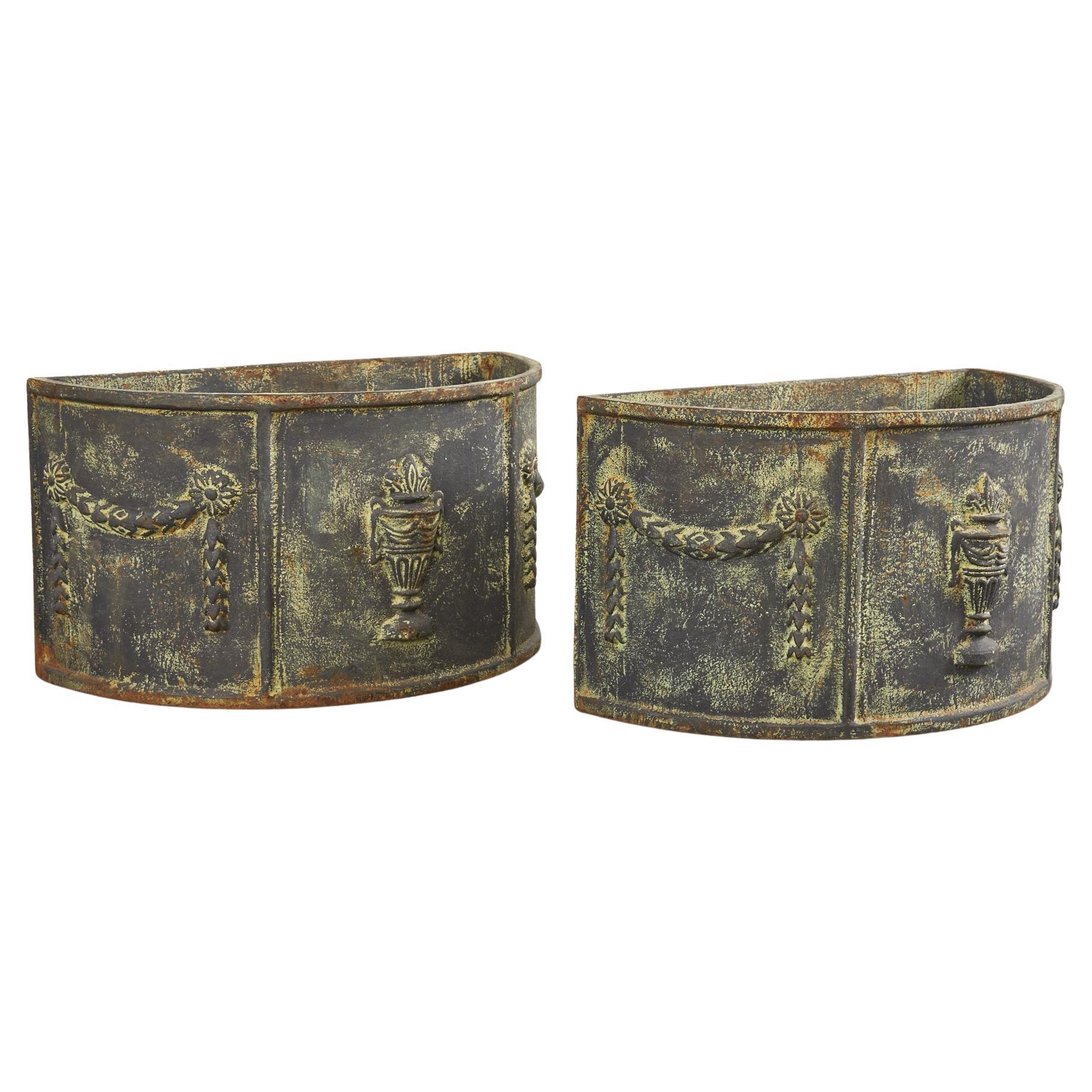 Pair of English Cast Iron Neoclassical Demilune Jardiniere Planters For Sale