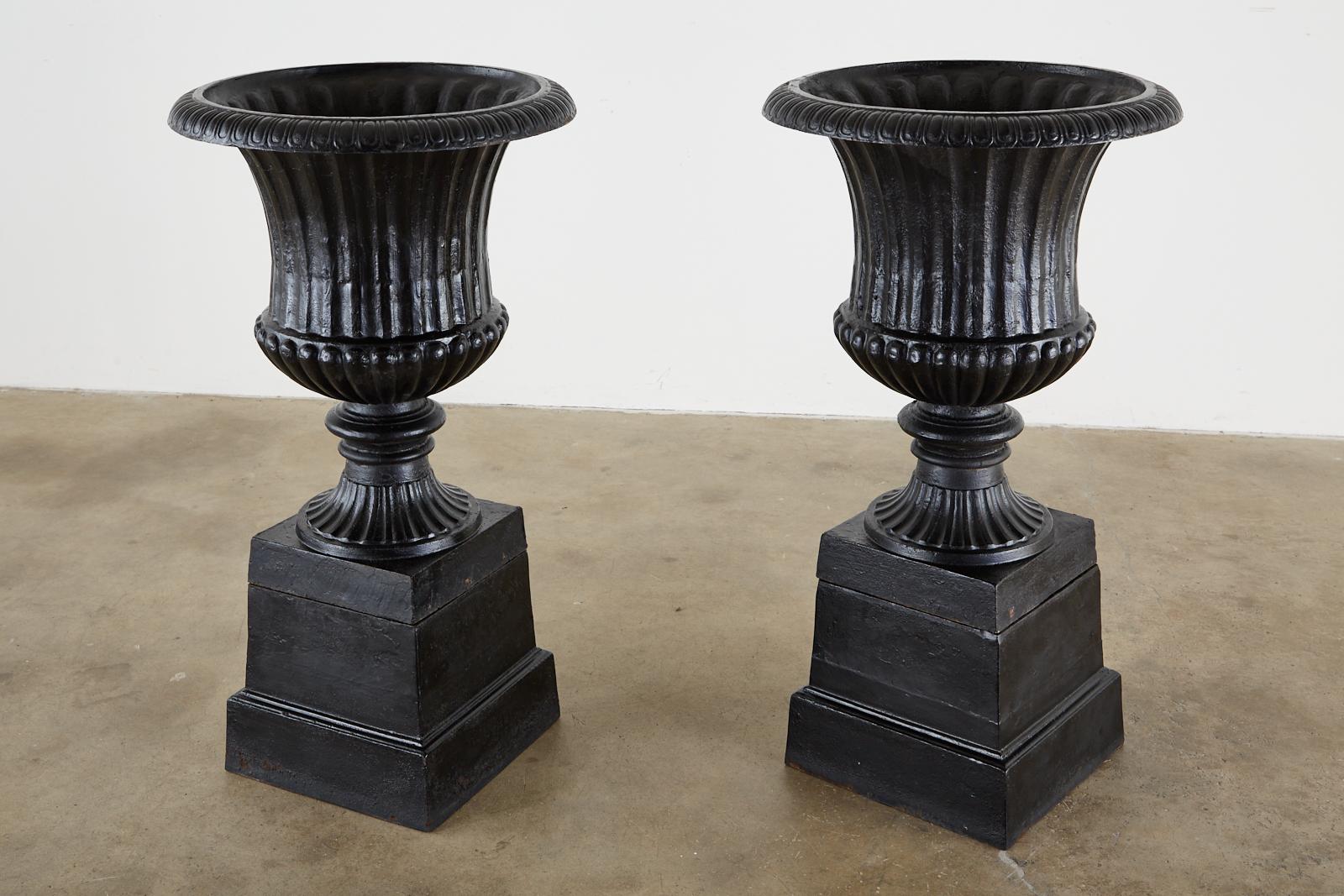 20th Century Pair of English Cast Iron Neoclassical Style Campana Garden Urns