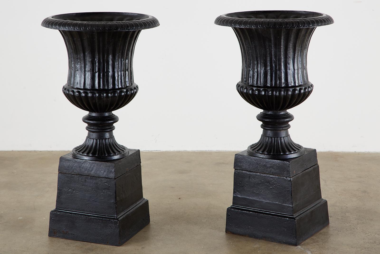 Pair of English Cast Iron Neoclassical Style Campana Garden Urns 1