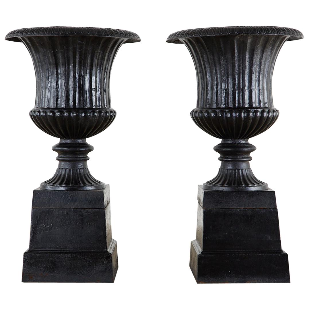Pair of English Cast Iron Neoclassical Style Campana Garden Urns