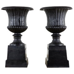 Vintage Pair of English Cast Iron Neoclassical Style Campana Garden Urns