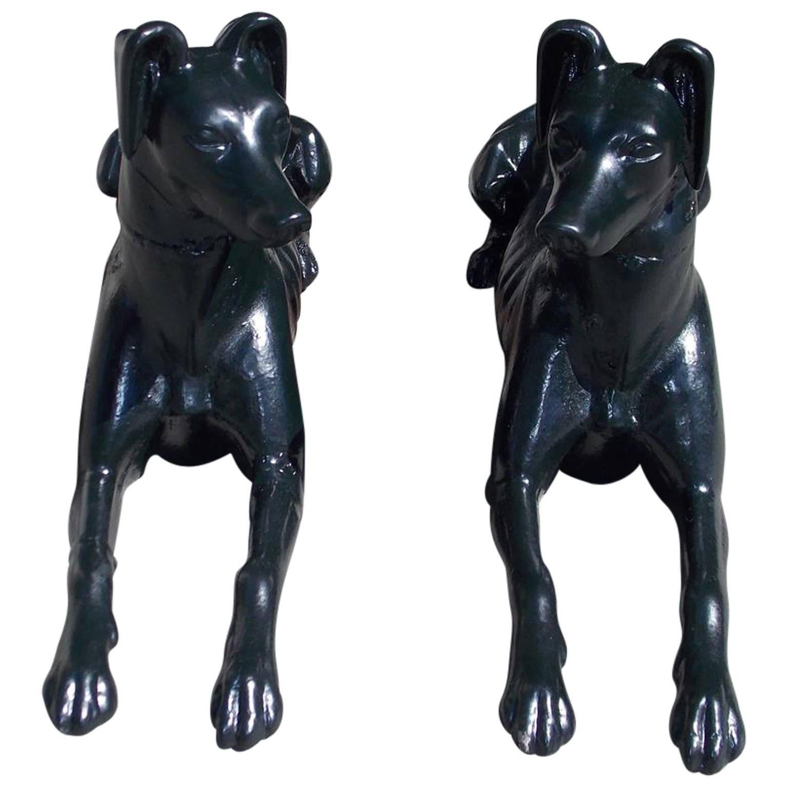 Pair of English Diminutive Cast Iron Powder Coated Whippets, Circa 1810 For Sale