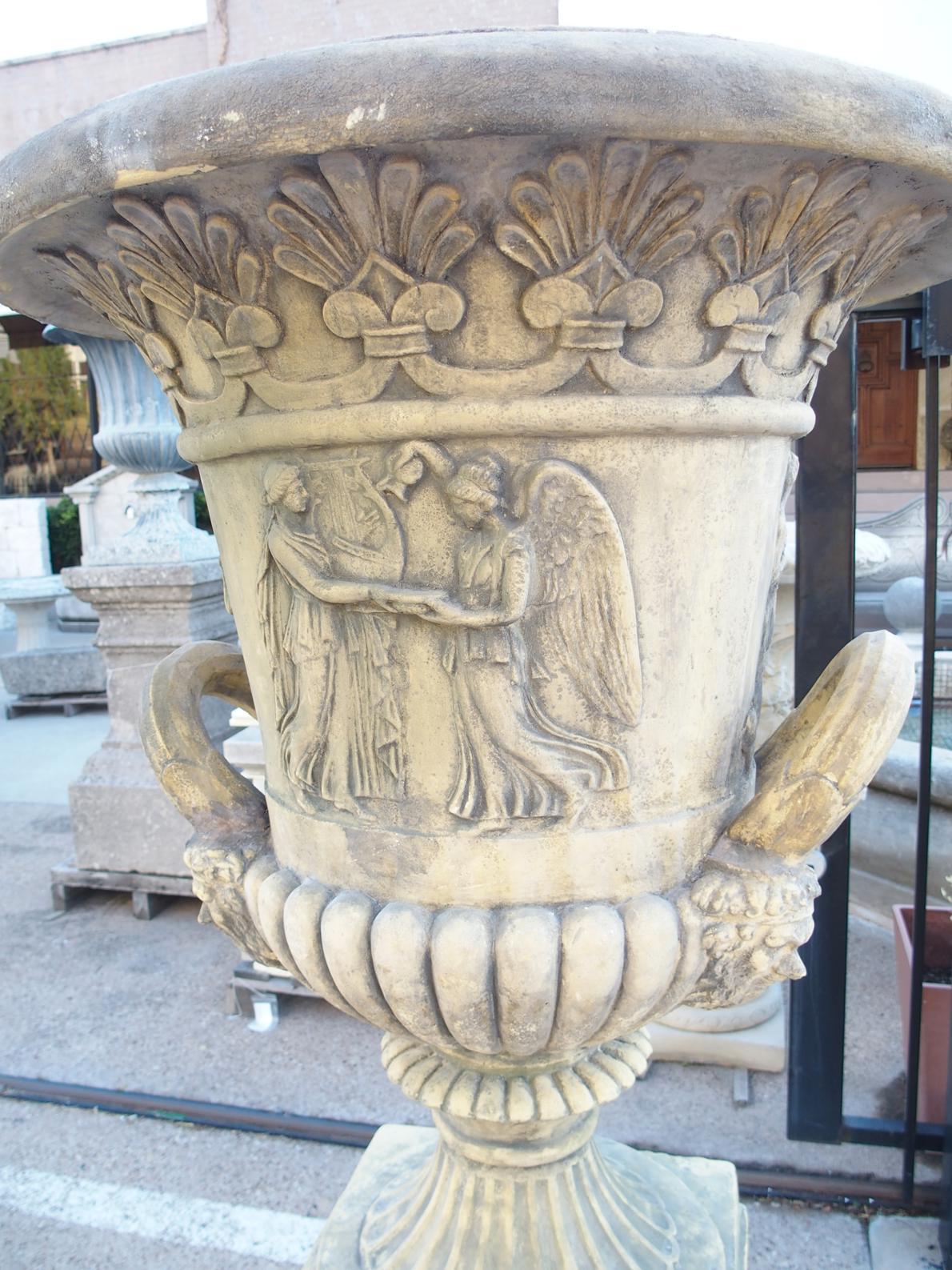 Pair of English Cast Neoclassical Garden Urns on Plinths For Sale 7
