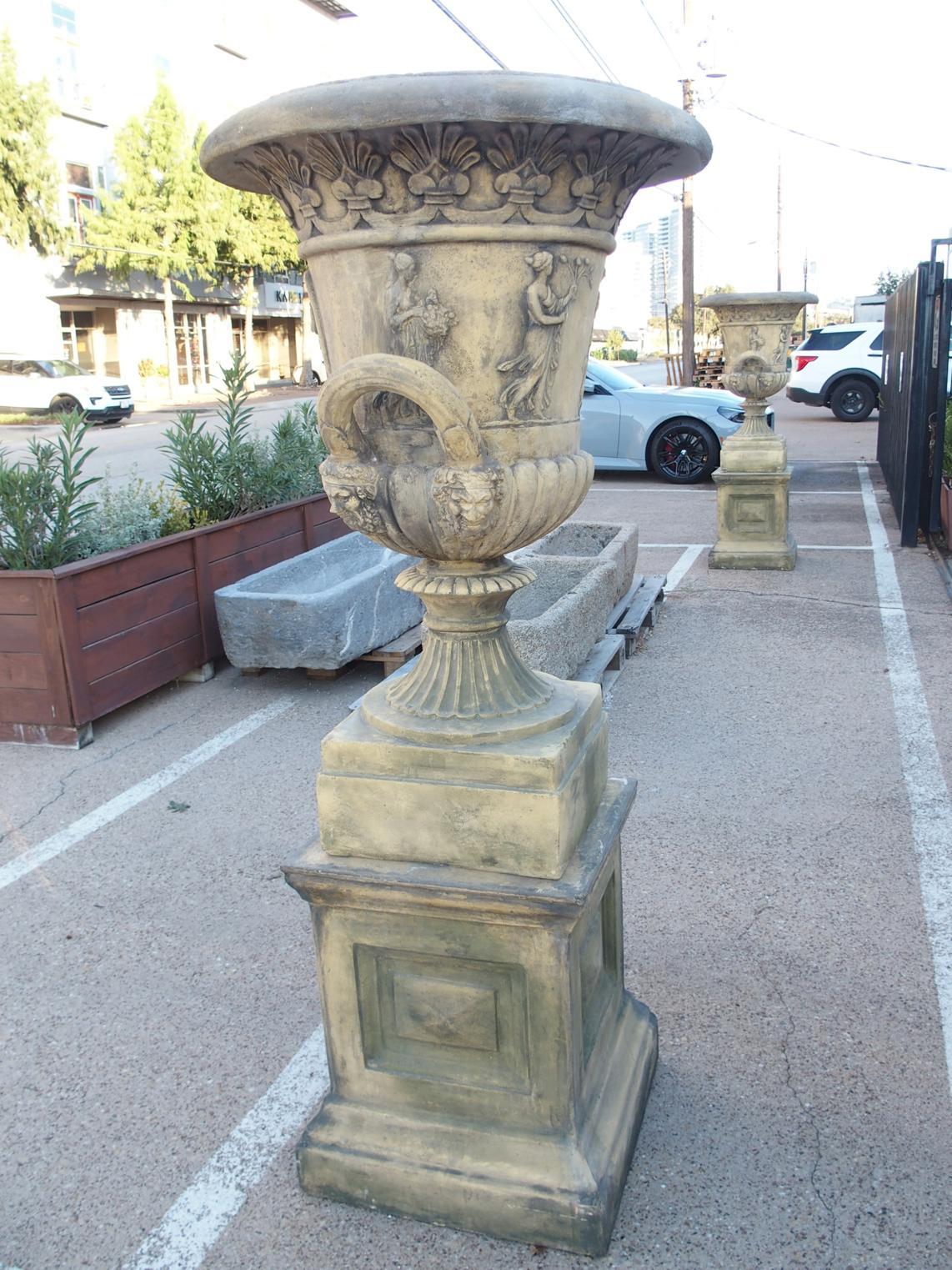 Pair of English Cast Neoclassical Garden Urns on Plinths For Sale 8