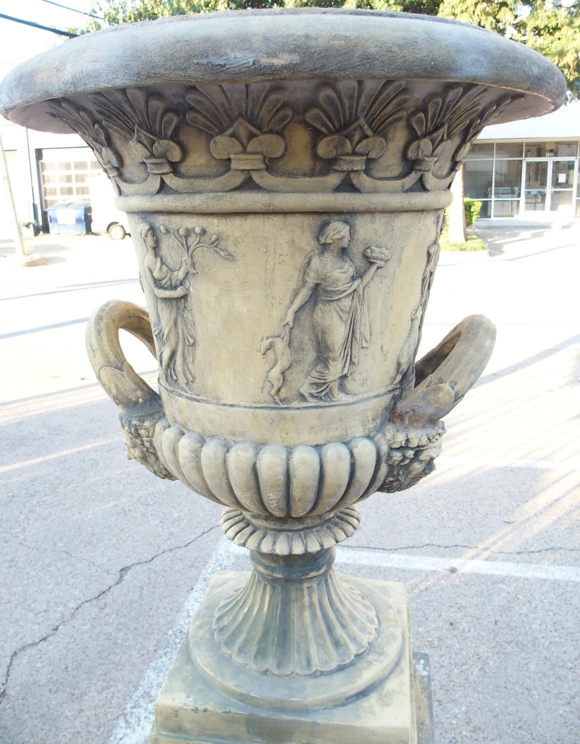 Pair of English Cast Neoclassical Garden Urns on Plinths For Sale 9