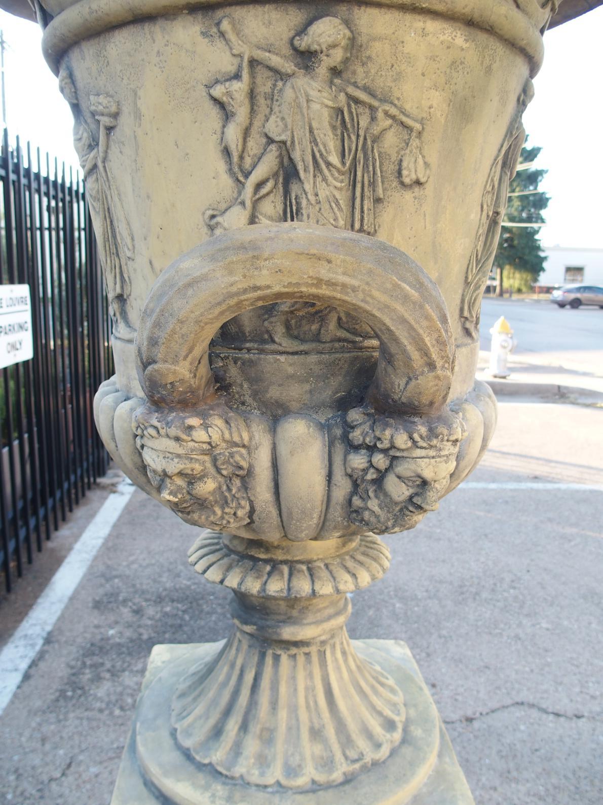 Pair of English Cast Neoclassical Garden Urns on Plinths For Sale 11
