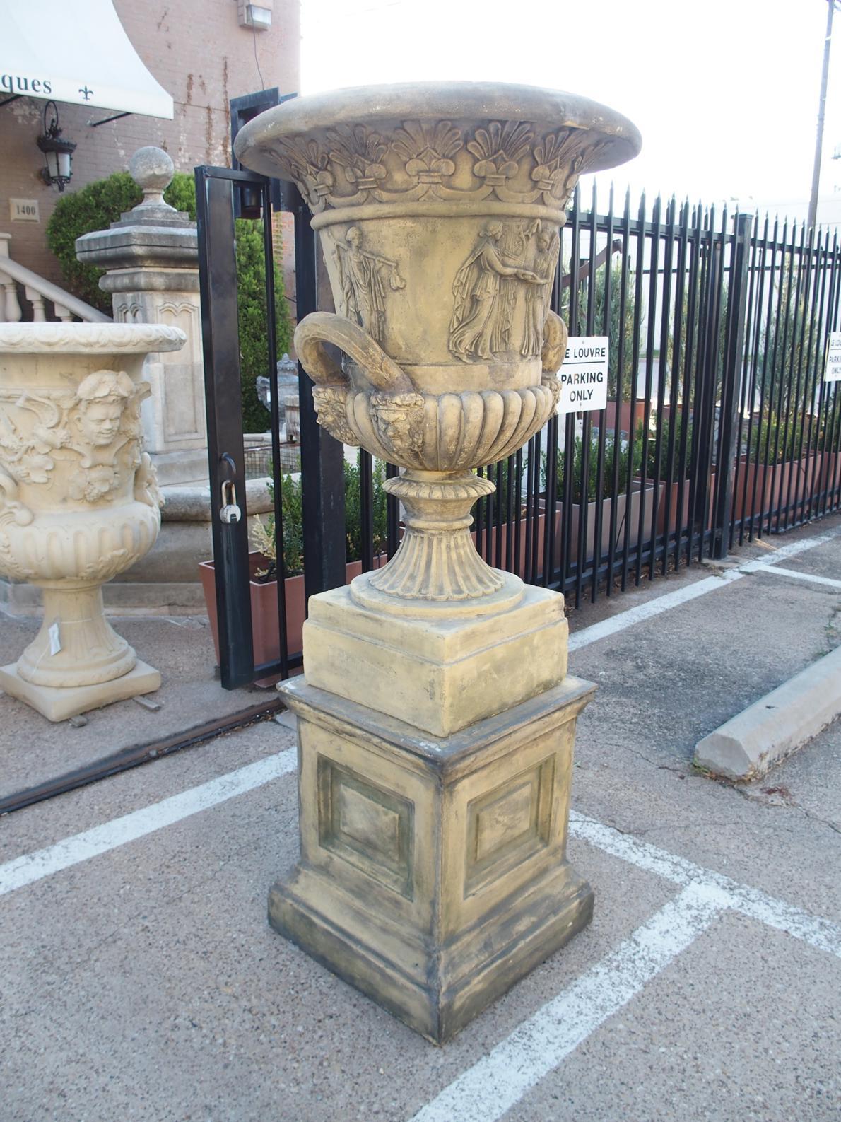 Pair of English Cast Neoclassical Garden Urns on Plinths For Sale 12