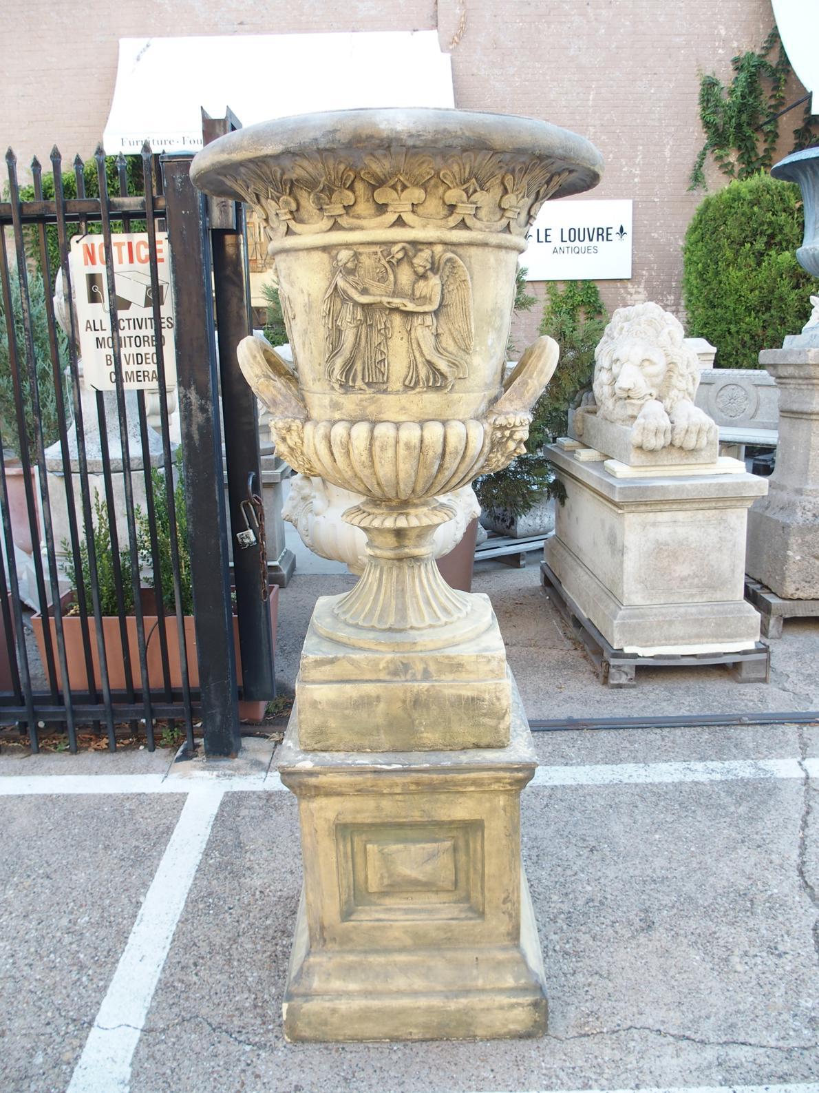 Pair of English Cast Neoclassical Garden Urns on Plinths For Sale 14