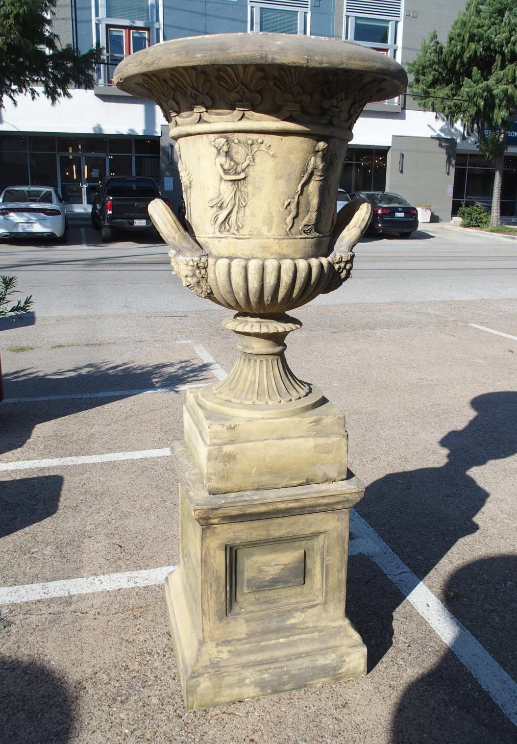 Pair of English Cast Neoclassical Garden Urns on Plinths In Good Condition For Sale In Dallas, TX
