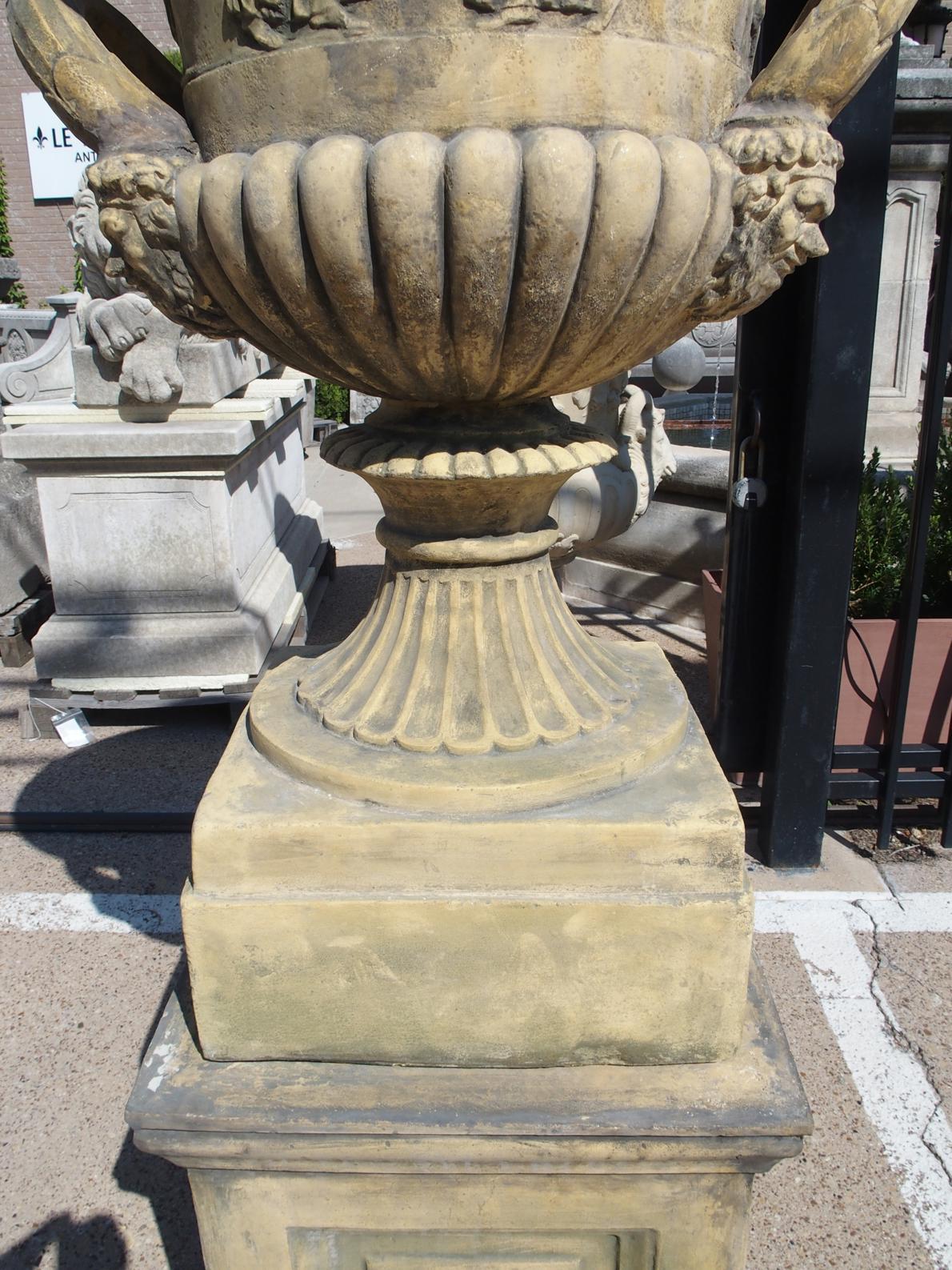 Contemporary Pair of English Cast Neoclassical Garden Urns on Plinths For Sale