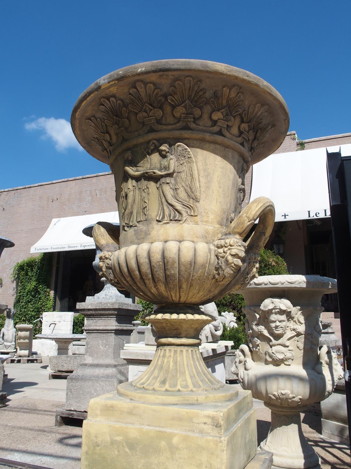 Stone Pair of English Cast Neoclassical Garden Urns on Plinths For Sale