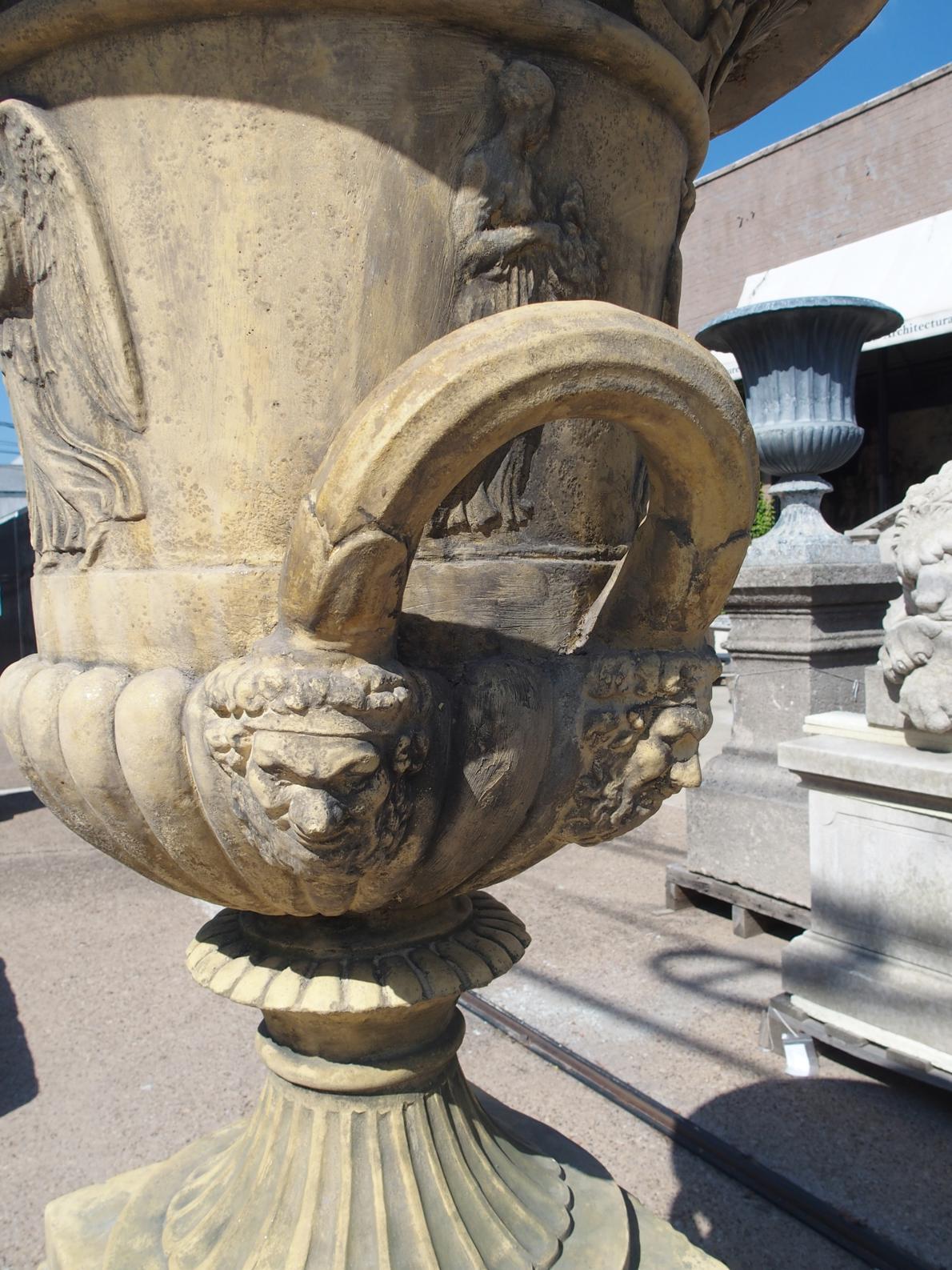Pair of English Cast Neoclassical Garden Urns on Plinths For Sale 1