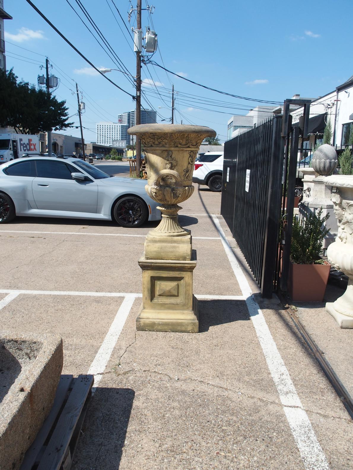 Pair of English Cast Neoclassical Garden Urns on Plinths For Sale 3
