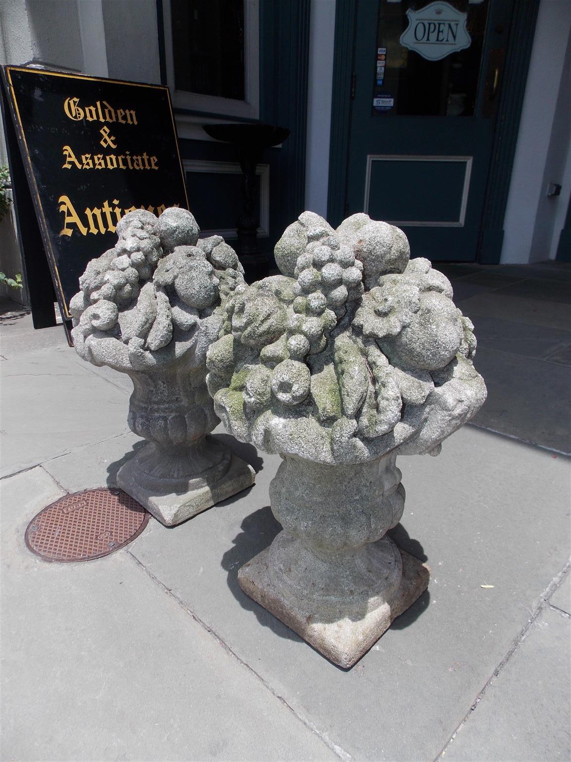 Pair of English Cast Stone Floral and Fruit Basket Garden Ornaments, Circa 1830 In Excellent Condition In Hollywood, SC