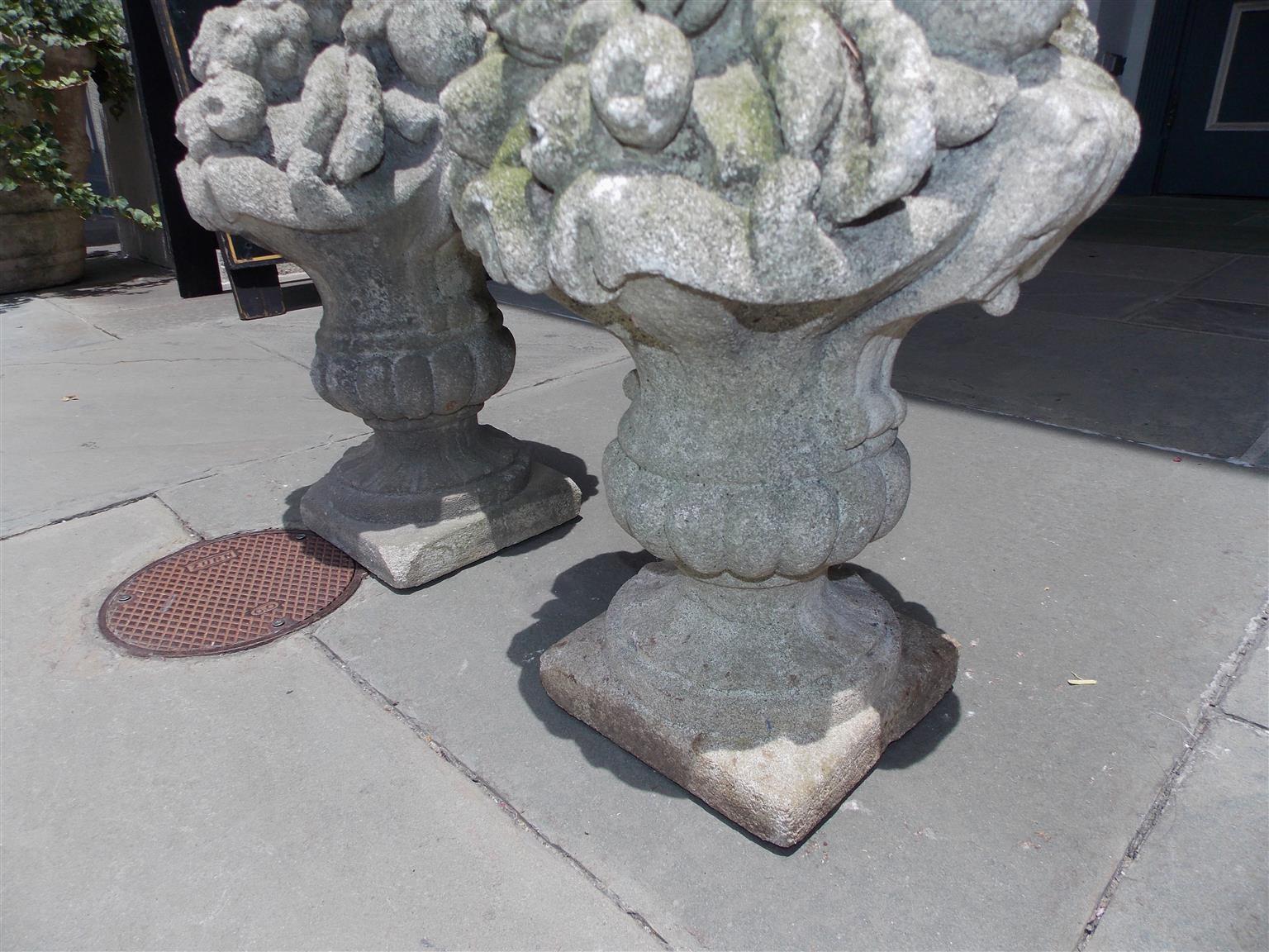 Mid-19th Century Pair of English Cast Stone Floral and Fruit Basket Garden Ornaments, Circa 1830