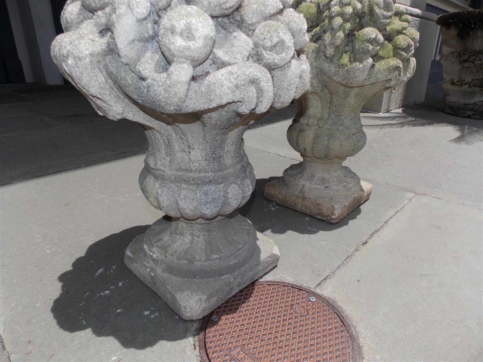Pair of English Cast Stone Floral and Fruit Basket Garden Ornaments, Circa 1830 2