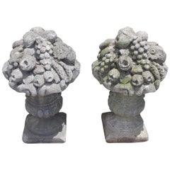 Pair of English Cast Stone Floral and Fruit Basket Garden Ornaments, Circa 1830