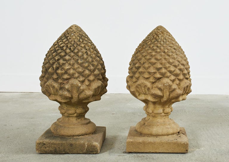 Pair of English Cast Stone Garden Pinecone Finials For Sale at 1stDibs