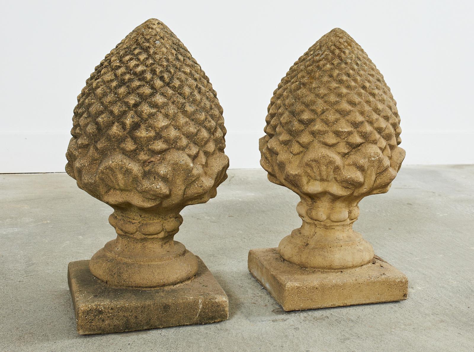 Neoclassical Pair of English Cast Stone Garden Pinecone Finials