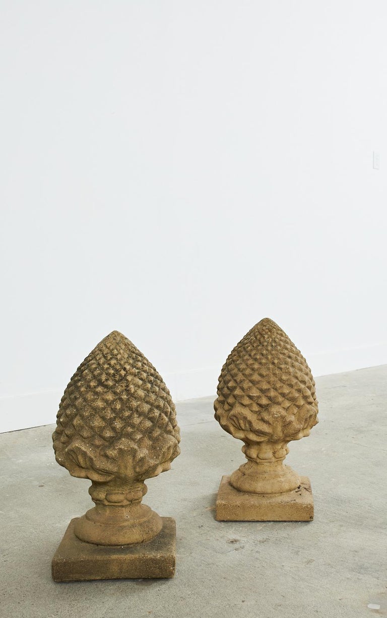 Pair of English Cast Stone Garden Pinecone Finials For Sale at 1stDibs