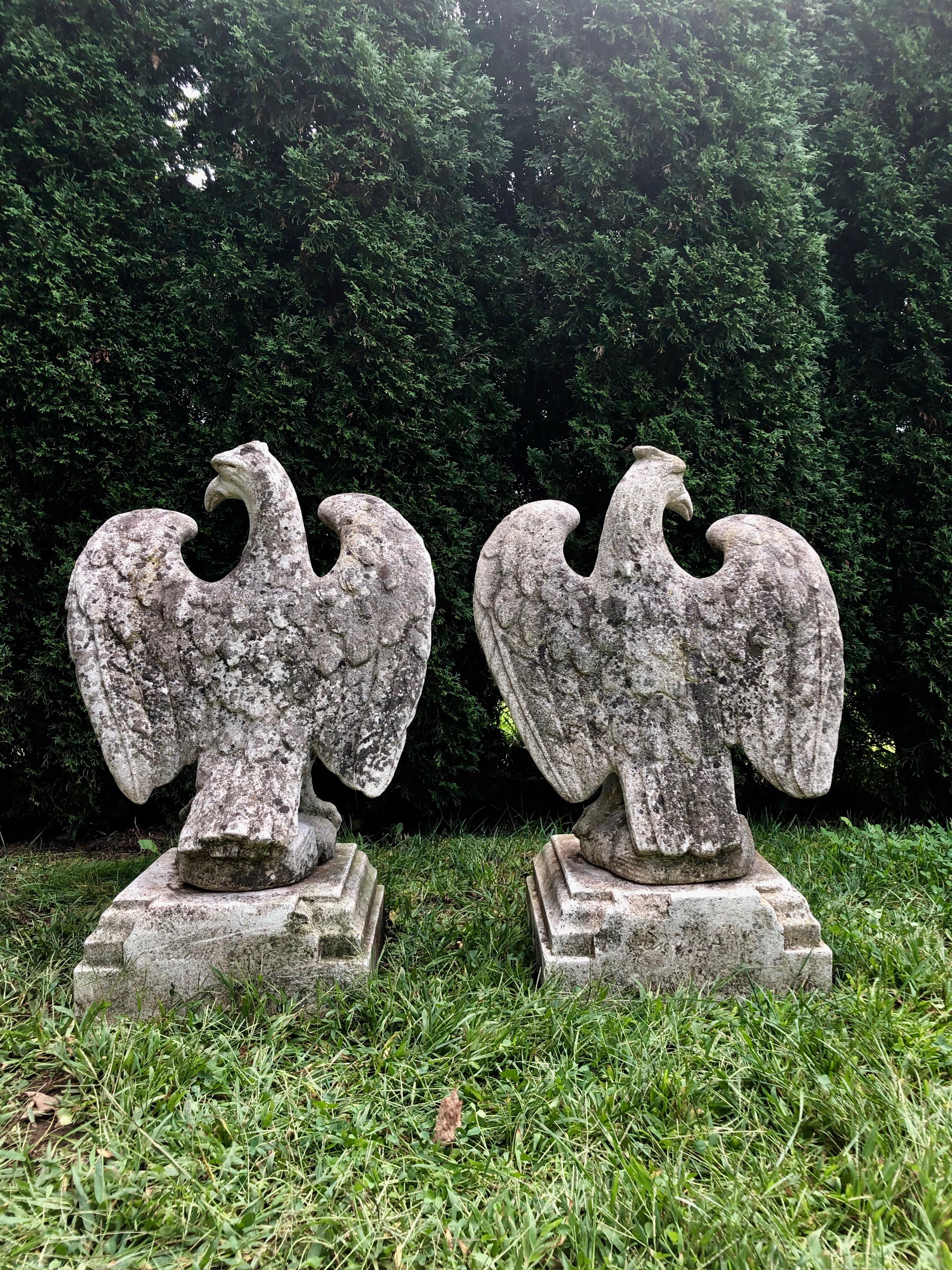 20th Century Pair of English Cast Stone Opposing Eagles on Short Plinths